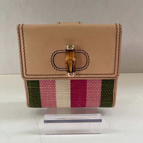 GUCCI Bamboo Tri-Fold Wallet Striped Turn Lock Very Good Condition - Picture 1 of 9